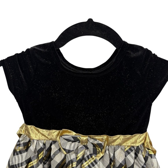 Nannette Kid Dress 8 Black Velvet Plaid Gold Bow Cap Sleeve Crinoline Shine Gray - Picture 6 of 10